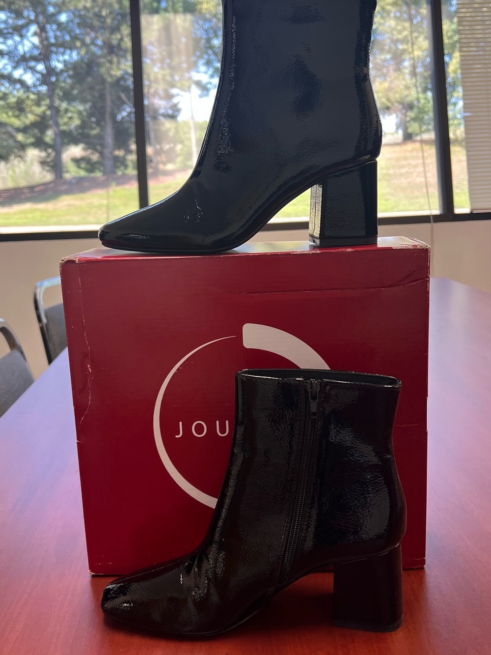 Journey Black Patent Block Heel Ankle Boots